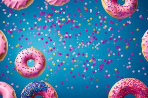 donuts on a blue background with confetti. AI-Generated photo