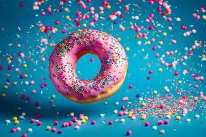 a donut with sprinkles on a blue background. AI-Generated photo