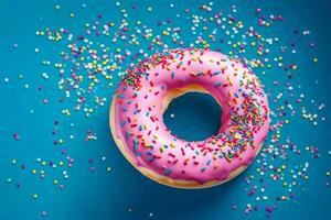 a pink donut with sprinkles on a blue background. AI-Generated photo