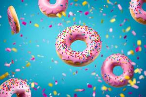 donuts flying in the air with sprinkles. AI-Generated photo