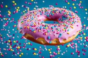 a donut with pink frosting and sprinkles is flying in the air. AI-Generated photo