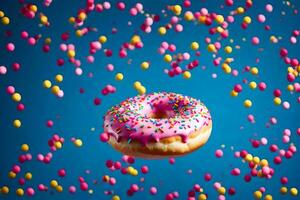 a donut with sprinkles on a blue background. AI-Generated photo