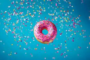 a donut with sprinkles on a blue background. AI-Generated photo