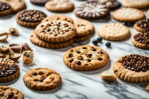 a variety of cookies and nuts on a marble surface. AI-Generated photo