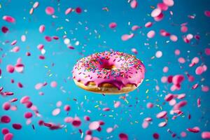 a pink donut with sprinkles is floating in the air. AI-Generated photo