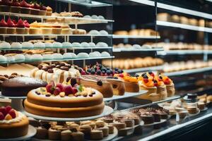 a display case filled with various types of cakes. AI-Generated photo