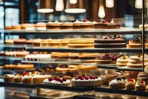 many different types of cakes are on display in a bakery. AI-Generated photo