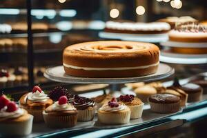 a display of cakes and cupcakes in a bakery. AI-Generated photo