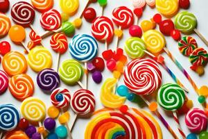 many colorful lollipops are arranged on a white surface. AI-Generated photo