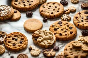 a variety of cookies and cookies on a marble counter. AI-Generated photo