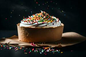 un magdalena con blanco Crema y asperja en un negro antecedentes. generado por ai foto