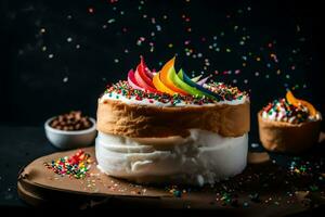 a cake with sprinkles and rainbow frosting. AI-Generated photo