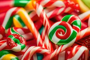 many different candy canes are arranged in a pile. AI-Generated photo