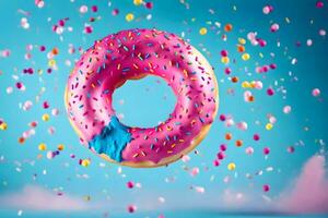 a donut with sprinkles on a blue background. AI-Generated photo