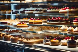 many different types of cakes are on display in a bakery. AI-Generated photo