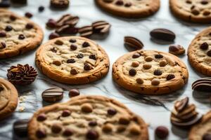 chocolate chip cookies on a marble counter. AI-Generated photo