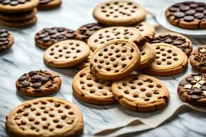 a bunch of cookies on a marble table. AI-Generated photo