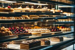 a display case filled with various types of pastries. AI-Generated photo