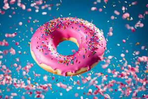 a pink donut with sprinkles on a blue background. AI-Generated photo