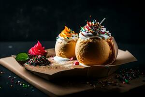 ice cream cones with sprinkles on a black background. AI-Generated photo