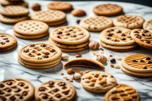 a variety of cookies are arranged on a marble table. AI-Generated photo