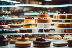 many different types of cakes are on display in a bakery. AI-Generated photo