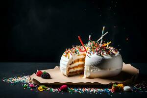 a cake with white frosting and sprinkles on a black background. AI-Generated photo