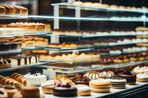 many different types of pastries are on display in a bakery. AI-Generated photo