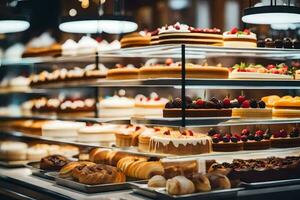 many different types of cakes are on display in a bakery. AI-Generated photo