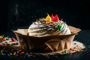 a cupcake with candles and sprinkles on a black background. AI-Generated photo