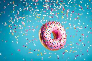 a donut with sprinkles on a blue background. AI-Generated photo