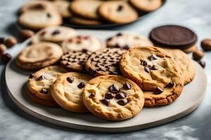 a plate of cookies and chocolate chips. AI-Generated photo