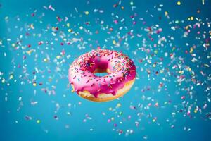 a donut with sprinkles on a blue background. AI-Generated photo