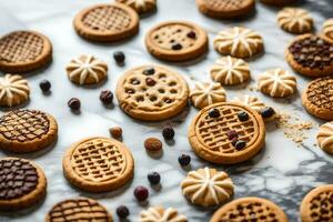 a variety of cookies are arranged on a marble surface. AI-Generated photo