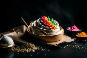 a bowl of ice cream with rainbow sprinkles. AI-Generated photo