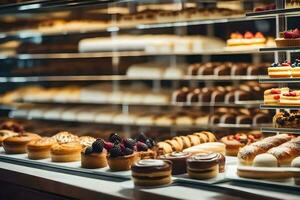 many different types of pastries are on display in a bakery. AI-Generated photo