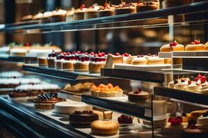 many different types of cakes are on display in a bakery. AI-Generated photo