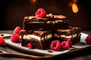 chocolate brownies with raspberries on a wooden table. AI-Generated photo