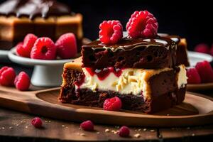 chocolate brownies with raspberries on a wooden board. AI-Generated photo