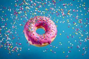 a pink donut with sprinkles on a blue background. AI-Generated photo