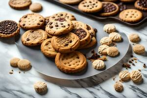 a tray of cookies and other cookies on a marble surface. AI-Generated photo