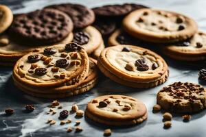 a close up of cookies and chocolate chips. AI-Generated photo