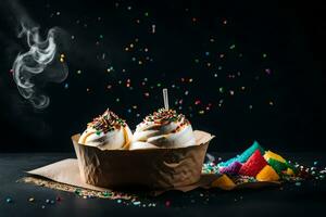 two ice cream cones with sprinkles and confetti. AI-Generated photo