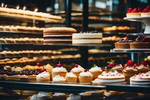 muchos diferente tipos de pasteles son en monitor en un panadería. generado por ai foto