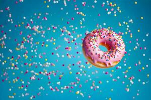 a donut with sprinkles on a blue background. AI-Generated photo