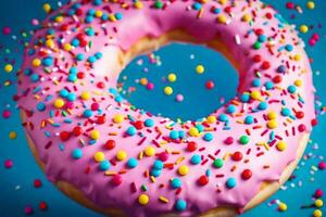 a pink doughnut with sprinkles on top of a blue background. AI-Generated photo