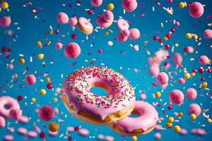 donuts with sprinkles on a blue background. AI-Generated photo