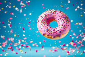 a pink doughnut with sprinkles on a blue background. AI-Generated photo