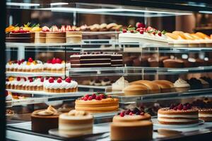 many different types of cakes are on display in a glass case. AI-Generated photo