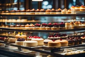 many different types of cakes are on display in a bakery. AI-Generated photo